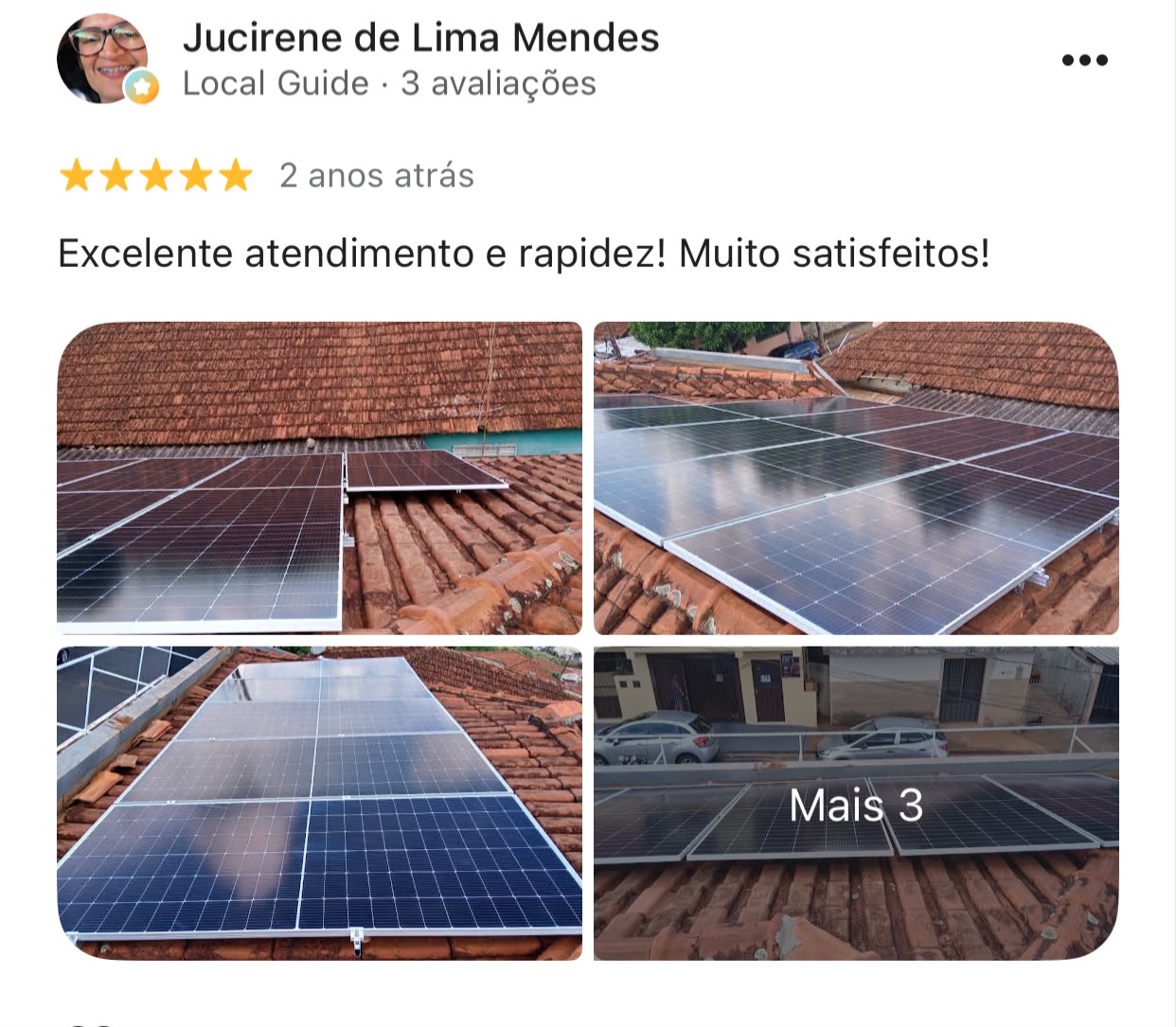Avaliação 5 estrelas de Jucirene de Lima Mendes sobre a instalação do sistema solar