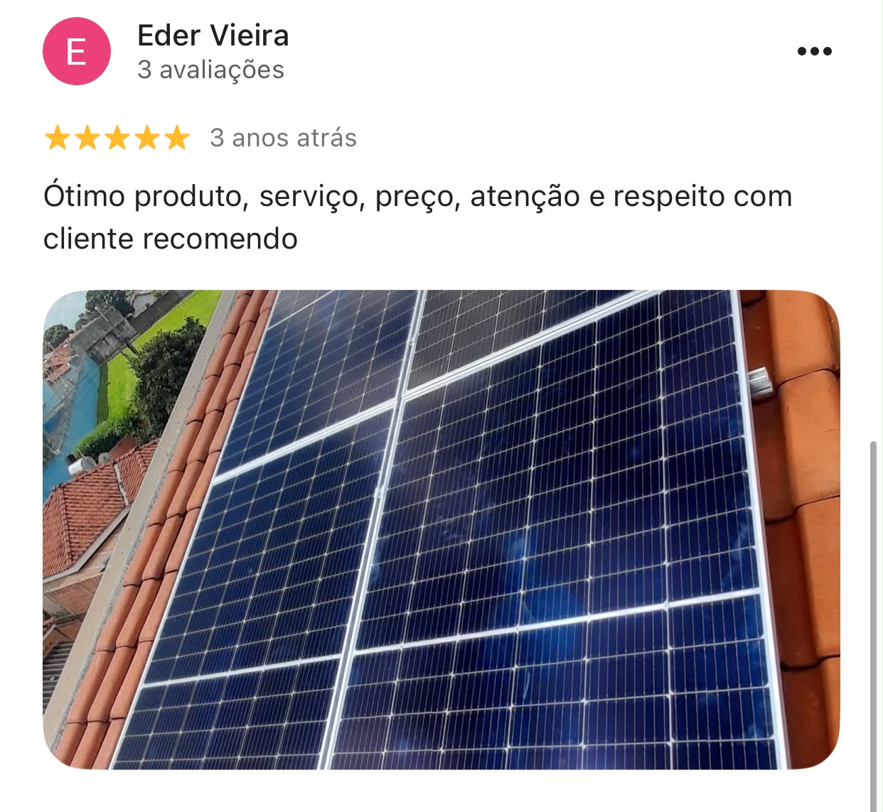 Avaliação 5 estrelas de Eder Vieira sobre o atendimento e a instalação